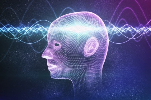 Eine Illustration des menschlichen Bewusstseins als wellenförmige Energie in einem Männerkopf.