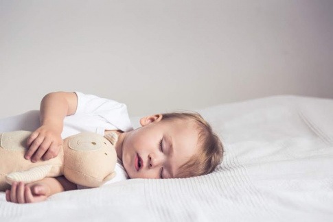Ein Kind schläft mit einem Kuscheltier 