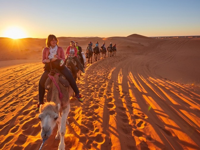Gruppe von fröhlichen Touristen in der Wüste auf Kamelen