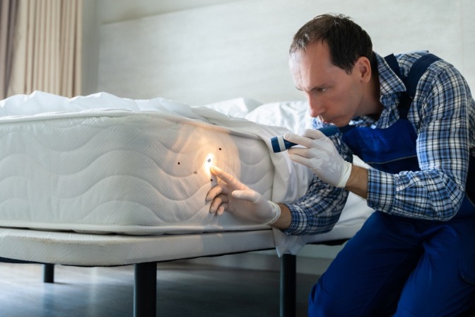 Kammerjäger untersucht Bett mit Taschenlampe auf Bettwanzen.