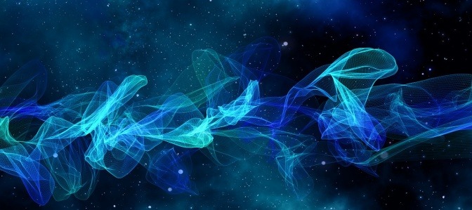 Ein Ausschnitt des Weltraums, bei dem im Vordergrund grüne und blaue Schwingungen oder Lichtschweife erkennbar sind, symbolisiert die Bioresonanz nach Paul Schmidt.