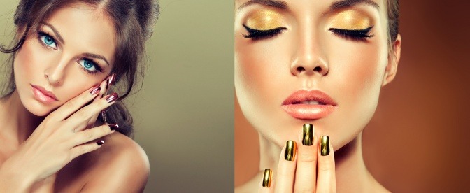 Eine Frau hat rote und eine zweite goldene Chrome Nägel