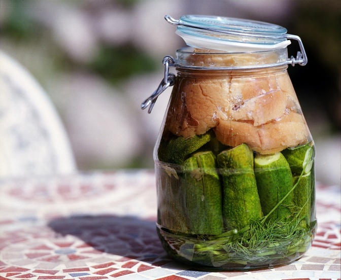 Gurken werden mittels Fermentation in einem Glas haltbar gemacht