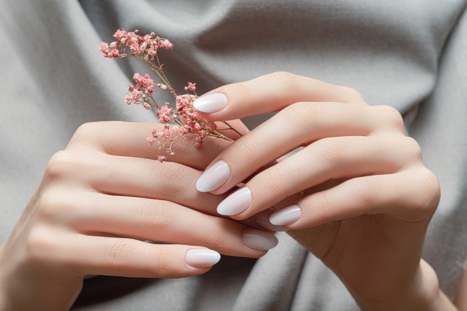 Gepflegte und weiß lackierte Frauenhände halten rosafarbene Blumen