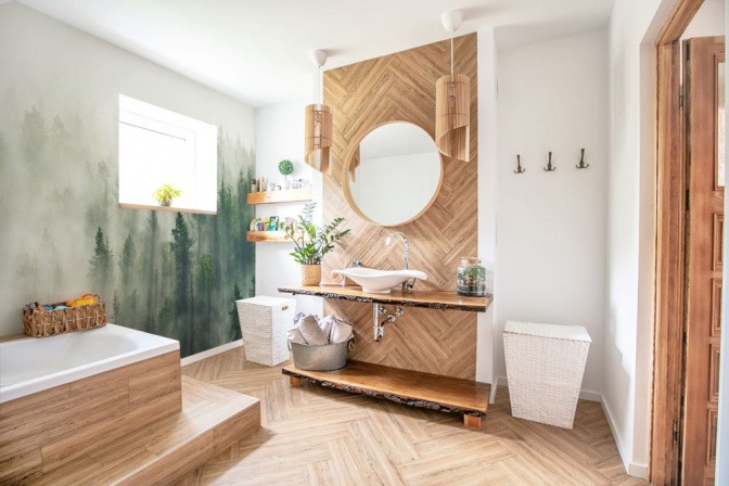 Im Badezimmer Fototapete mit nebeligem Wald