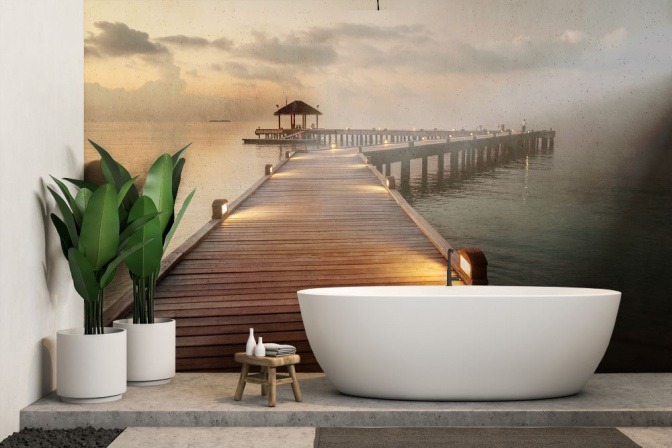 Fototapete mit langem Steg auf dem Wasser im Badezimmer