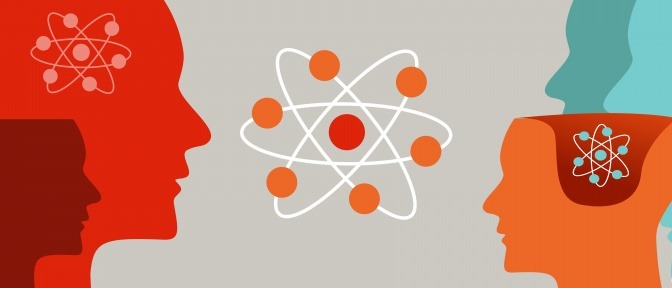 Eine Grafik mit einer Darstellung des menschlichen Gehirns, wie es auf der Basis atomarer Zusammenhänge funktioniert.