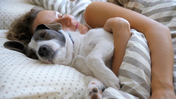 Frau umarmt ihren Hund, beide liegen im Bett.