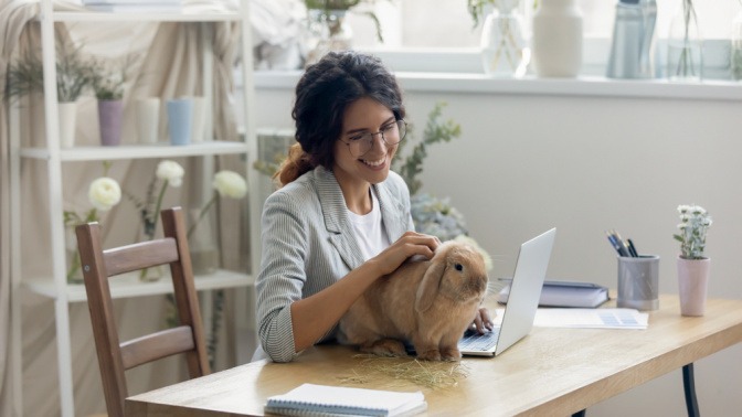 Frau sitzt mit ihrem Kaninchen am Tisch und streichelt es, während sie arbeitet.