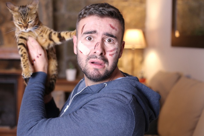 Mann mit vielen Kratzern im Gesicht hält seine Katze hoch.