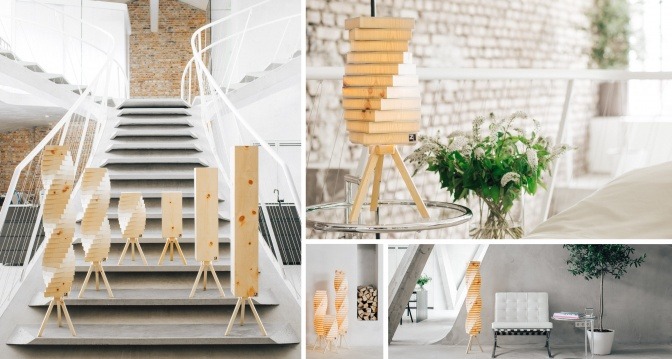Eine Lampe (Zirbenholz) steht in einem Zimmer