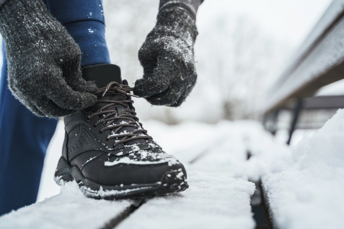 Läufer bindet Schuh im Winter