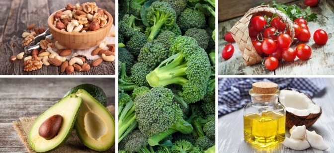 Longevity Foods wie Nüsse, Avocados, Kokosnussöl, Brokkoli und Tomaten liegen nebeneinander