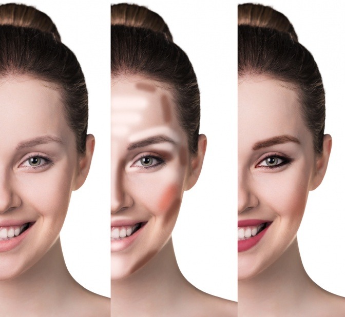 Auf dem Gesicht einer Frau wurde in drei Schritten das Make-up aufgetragen