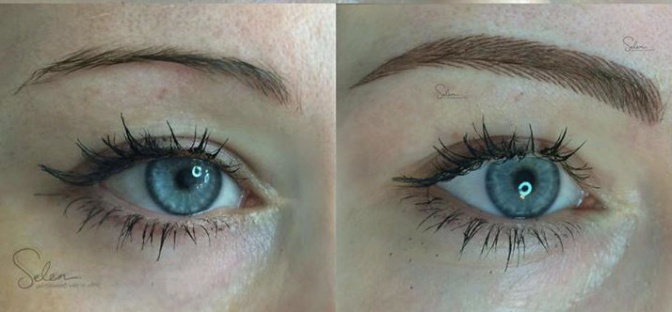 Zwei Augen sind im Vergleich: Vor und nach Bearbeitung mit Permanent Make up