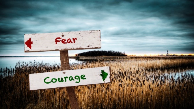 Ein Feld mit den in verschiedene Richtungen zeigenden Wegschildern Fear und Courage
