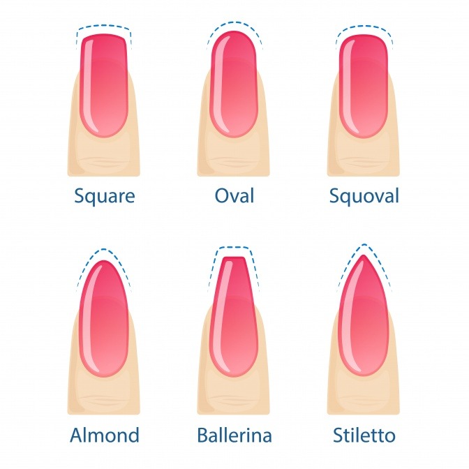 Eine Fotocollage mit Zeichnungen, die verschiedenste Nagelformen zeigt