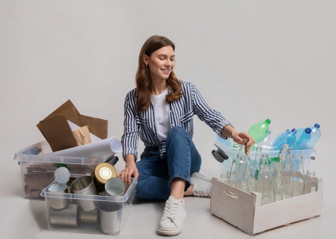 Plastikfrei leben - Erste Schritte hin zu einem Zero Waste Lifestyle macht die Frau in diesem Bild, die ihre überflüssigen Plastikbehälter in diversen Boxen zum Recycling sammelt.