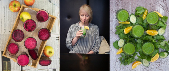Eine Frau trinkt einen grünen Smoothie als Saft zum Entgiften