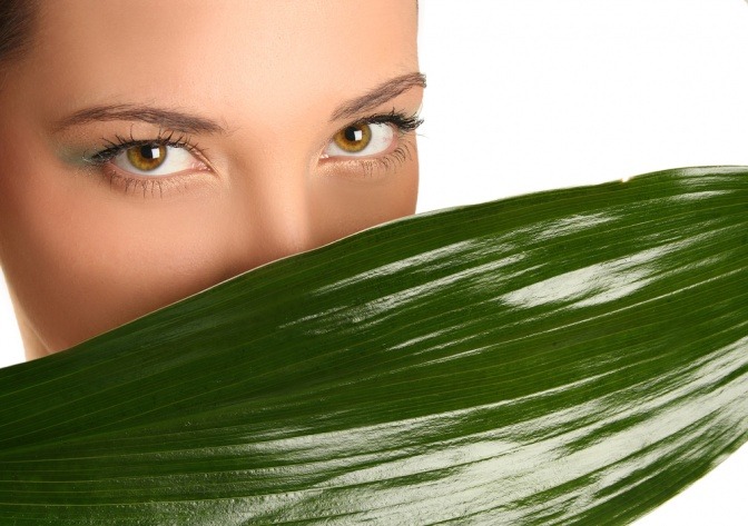 Frau versteckt ihre schöne Haut im Gesicht hinter einem Blatt