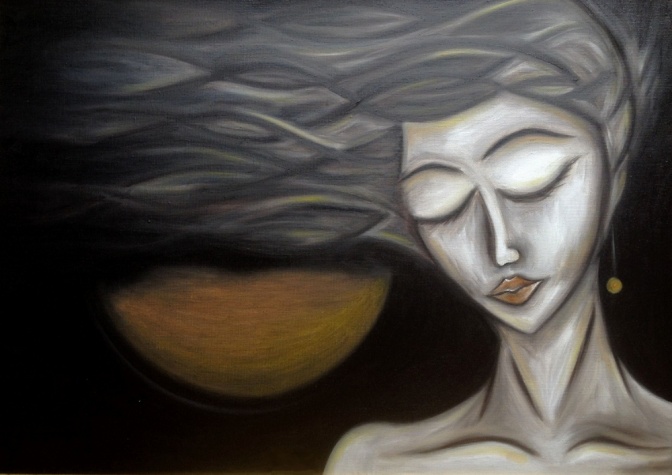 Eine gezeichnete Frau mit dem Planeten Venus im Hintergrund