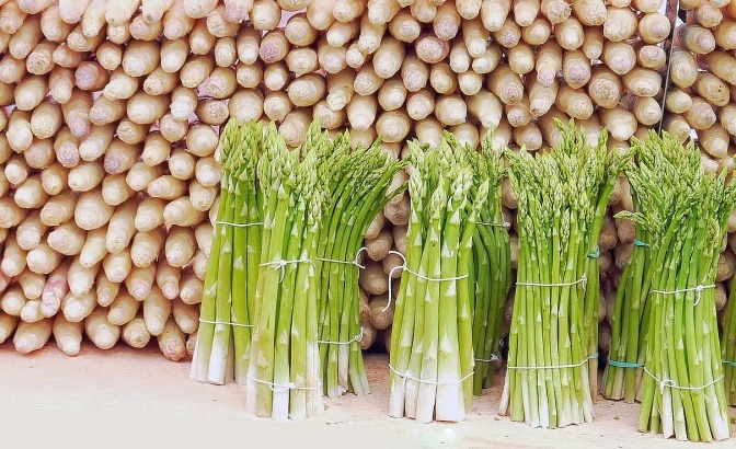 Grüner Spargel liegt vor aufgestelltem weißem Spargel (gesund)