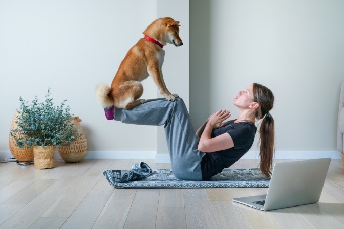 Ein Hund sitzt auf den Beinen von seiner Halterin, während sie Sit-ups macht. 