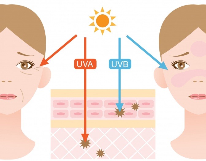 Eine Grafik zeigt die Wirkung der UVA und UVB Strahlung