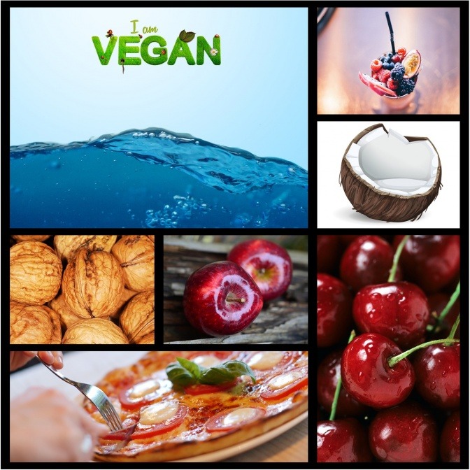 Auf einer Bildcollage sieht man vegane Ernährung