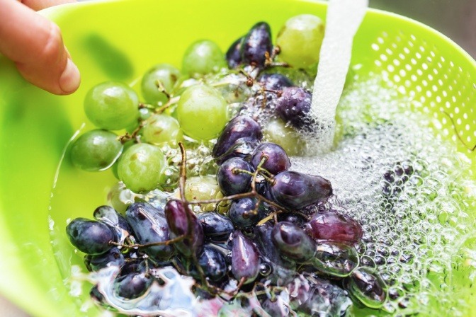 Rote und grüne Weintrauben werden gewaschen