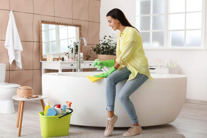 Frau sitzt auf der Kante der Badewanne und putzt ihr Badezimmer.
