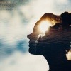 Die Silhouette einer Frau vor einem Ausschnitt eines Sees dient als Symbolbild für die reinigende Kraft der Natur und ihrer Frequenzen.