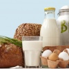 Bio Lebensmittel wie Milch, Eier und Brot stehen nebeneinander