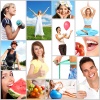Eine Collage mit gesunden Lebenmitteln und fitten und glücklichen Menschen