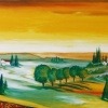 Ein Gemälde aus Glas zeigt eine Landschaft.