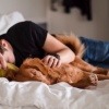 Ein Mann in der Midlife Crisis liegt mit dem Hund im Bett