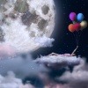 Traumbild einer Frau auf Wolken mit Ballons