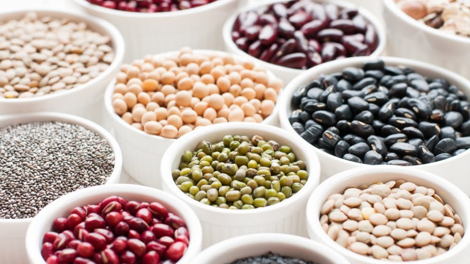 Wärmende Speisen lassen sich gut an ihrer Farbe und ihrem saisonalen Vorkommen erkennen Verschiedenste Hülsenfrüchte in kleinen Schüsseln