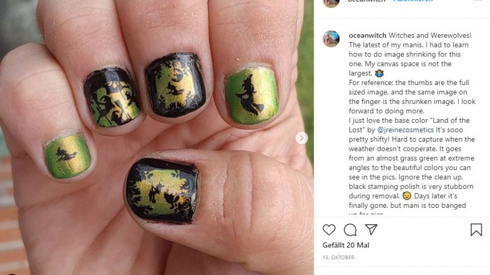 Männer, traut euch! Auch eure Nägel können kreativ gestaltet werden Auf Männernägeln sind in Schwarz-metallic-grün Hexenmotive lackiert