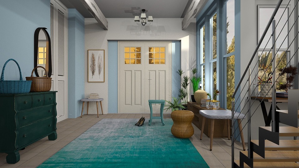 Dunkle Farben solltest du allerdings vermeiden. Ein Vorraum in Blautönen gehalten.