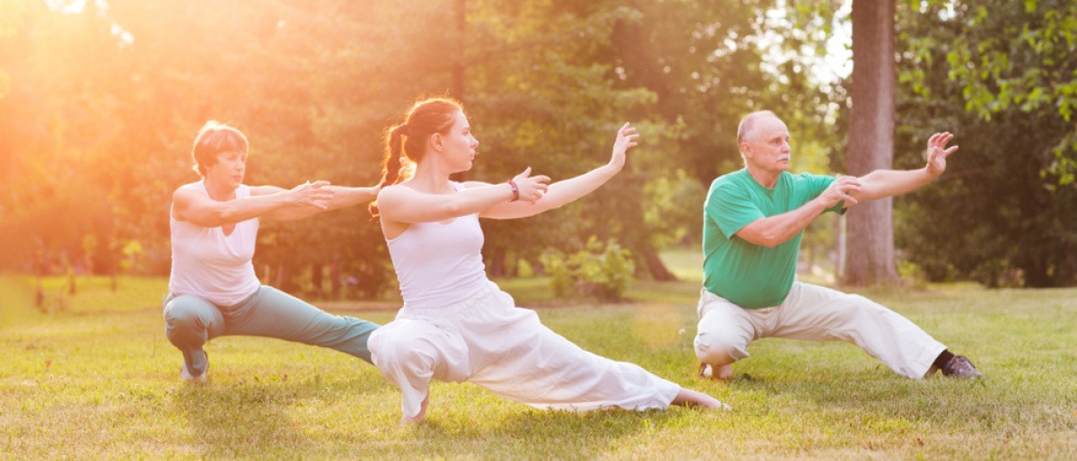 Menschengruppe macht Qigong in der Natur.