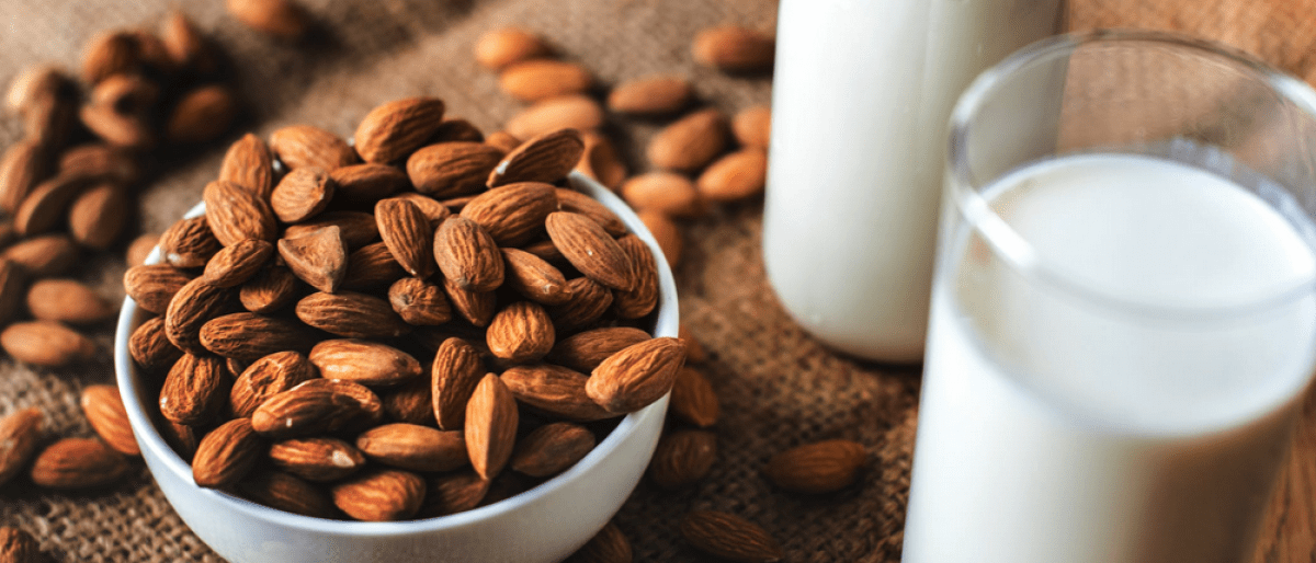 Nüsse liegen neben einem Glas Milch. Beide enthalten Aminosäuren