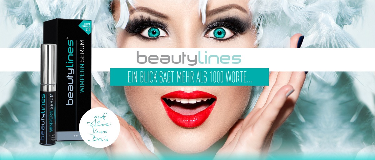 Beautylines Wimpernserum steht vor einer Frau mit schönen Wimpern