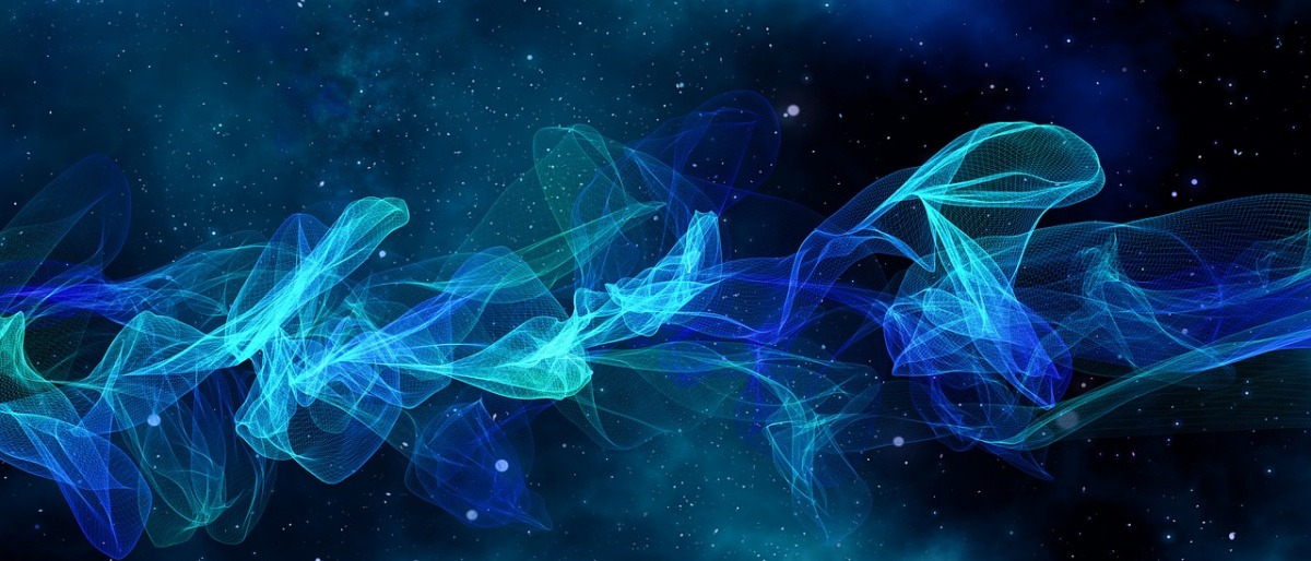 Ein Ausschnitt des Weltraums, bei dem im Vordergrund grüne und blaue Schwingungen oder Lichtschweife erkennbar sind, symbolisiert die Bioresonanz nach Paul Schmidt.