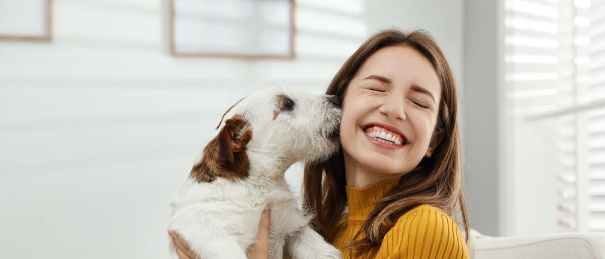 Hund leckt das Gesicht einer Frau