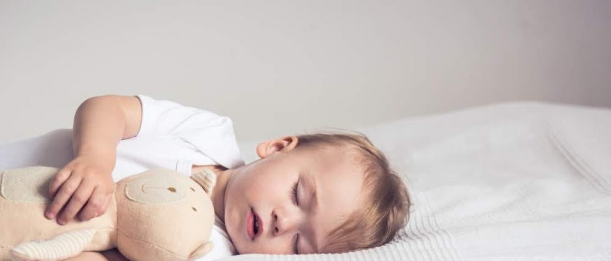 Ein Kind schläft mit einem Kuscheltier 