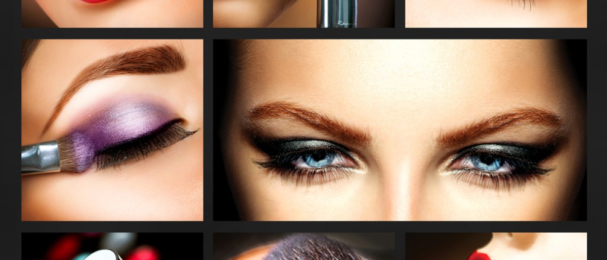 Auf einer Collage vom Beautymagazin schminkt sich eine Frau