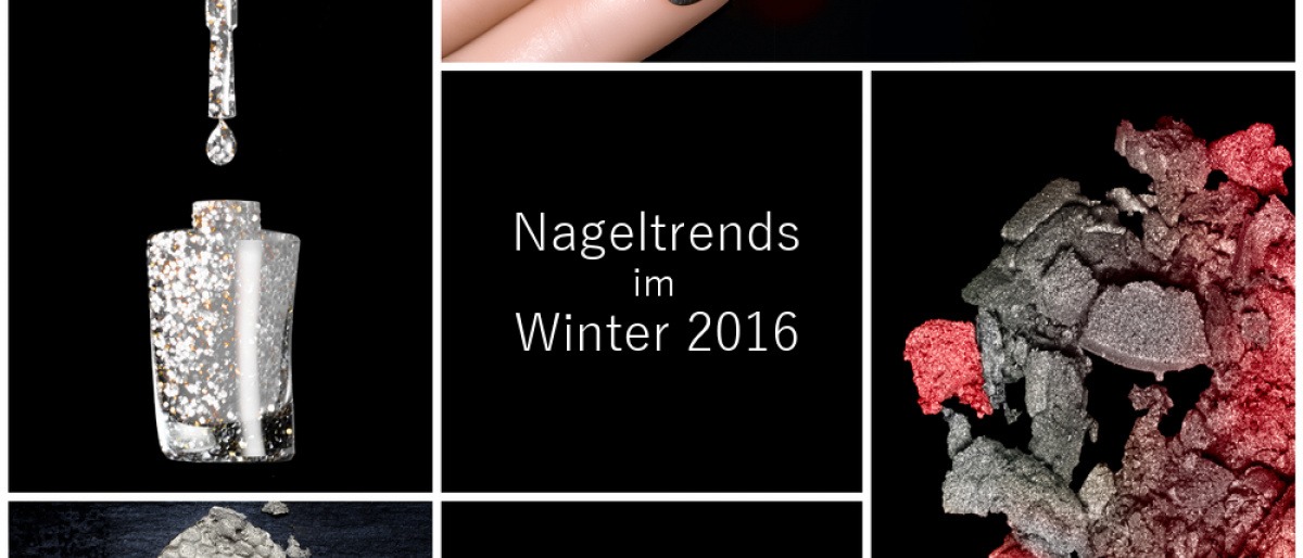Nägel in Silber und Bordeaux sind in einer Collage mit dem Schriftzug Nageltrends Winter 2016