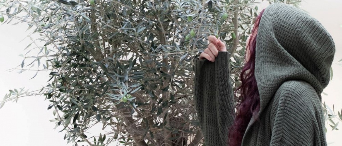 Eine Frau mit schöner Haut und schönen Haaren steht vor einem Olivenbaum mit Polyphenolen