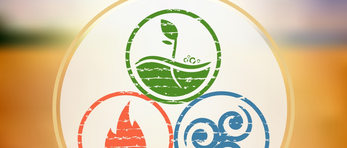 In einem Kreis werden drei Symbole für die Doshas gezeigt